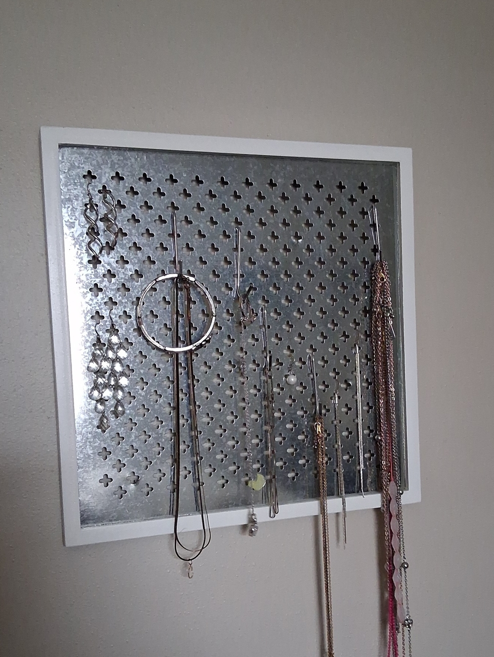 White Framed Metal Jewelry Organizer Wall Panel - White